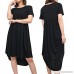Casual Dress Womens Round Neck Short Sleeve Pockets Pleated Loose Irregular Black B07P172448